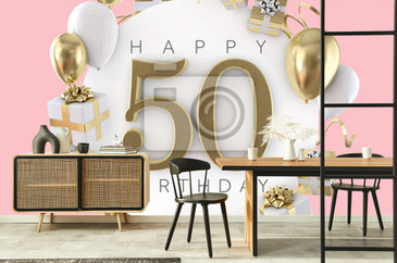 Fototapeta Happy 50th birthday party composition with balloons and presents.  na wymiar • urodziny, strona, urodziny •