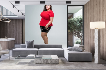Plus Size Fashion Model in Red Blouse and Black Skirt, Fat Woman