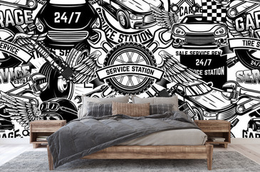 Seamless pattern with auto repair design elements in monochrome