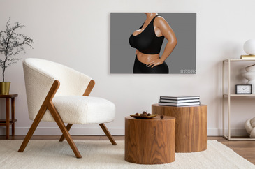 Obraz Young slim woman with big breasts in black sportswear na wymiar •  kobieta, sport, kobieta •