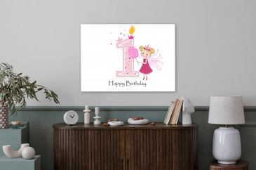 Happy first birthday candle. Baby girl greeting card with bunny