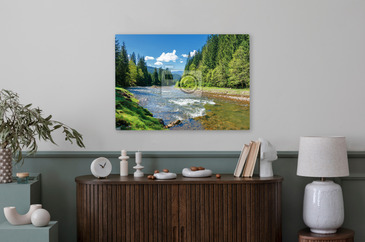 landscape with mountain river among spruce forest. beautiful sunny