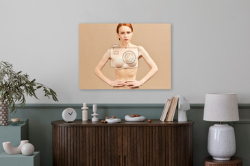 Skinny suffering female in nude underwear screaming, being tied her waist  with measuring tape posing over beige background in studio. Anorexia and  eating disorders Photos