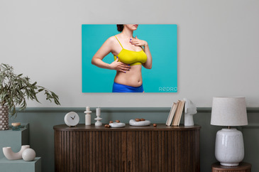 Happy Woman in Yellow Top Bra with Big Natural Breasts on Blue Background  Stock Image - Image of happiness, healthy: 193752751