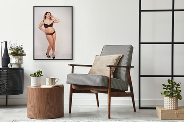 Plakat feminine chubby woman with plus size body in black lingerie posing  na wymiar • kobieta, bikini, bielizna •