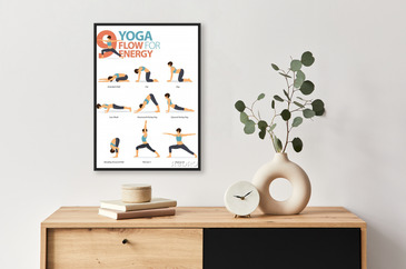 Vetor de 9 Yoga poses for workout in yoga flow for energy concept. Woman  exercising for body stretching. Yoga posture or asana for fitness  infographic. Flat cartoon vector. do Stock