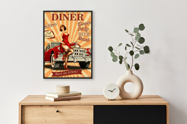 Plakat American Diner vintage poster with retro car and pin-up girl. na  wymiar • reklama, w wieku, Ameryka •