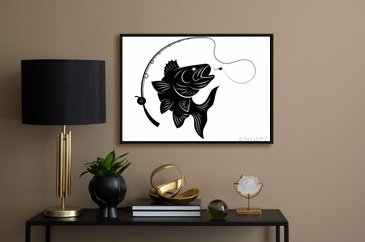 Fishing Logo. Black and White Illustration of a Fish Hunting for