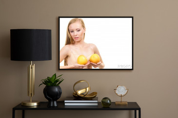 Slim Young Woman Small Boobs Puts Big Orange Fruit Her Stock Photo by  ©Voyagerix 435098006