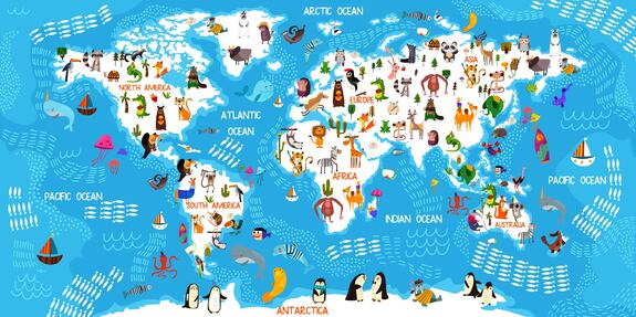 Kinderweltkarte mit ozeanen und tieren