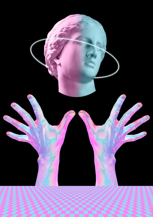 Antike büste und ausgestreckte hände