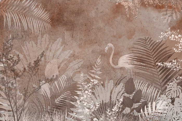 Flamingo und tropische pflanzen, palmenblätter auf beton