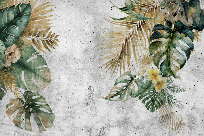 Tropische blätter, monstera und palmen auf beton