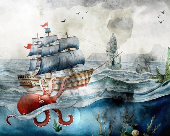 Oktopus und schiff auf see muster für kinder