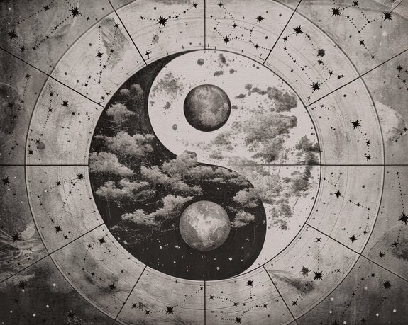 Yin-yang-symbol auf einem sternenhintergrund