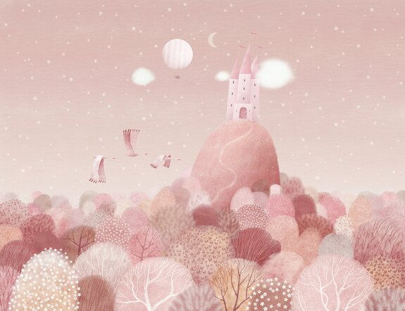 Schloss auf einem hügel rosa märchenlandschaft