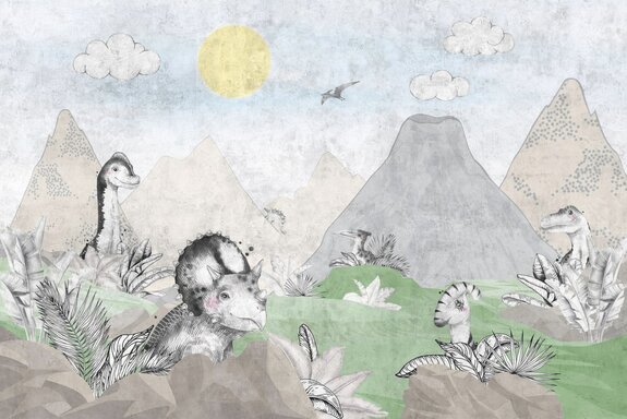 Dinosaurier und eine tropische landschaft mit vulkanen