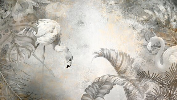 Flamingos und tropische graue blätter auf strukturiertem hintergrund