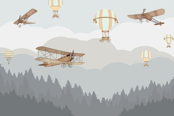 Märchenlandschaft mit luftballons und flugzeugen für kinder