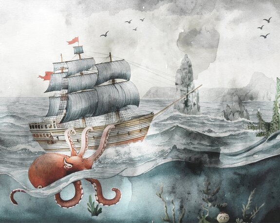 Schiff auf see und oktopus-muster für kinder