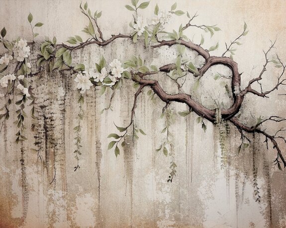 Weiße blumen auf einem baum mit einer betonstruktur im hintergrund