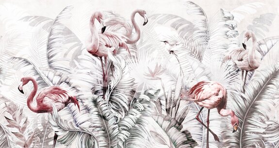 Rosa flamingos zwischen großen tropischen blättern