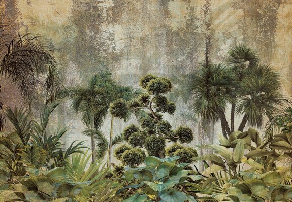 Exotische vegetation auf konkretem hintergrund, grüne komposition