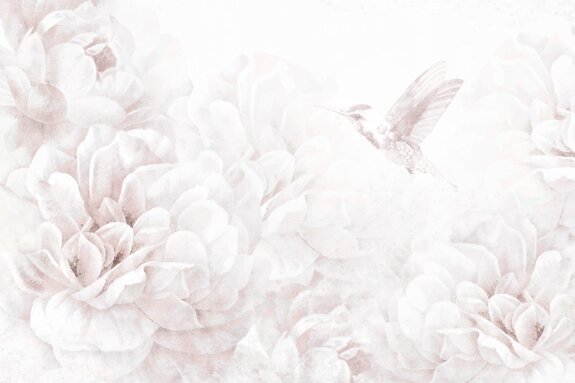 Ein vogel zwischen pastellfarbenen pfingstrosenblüten