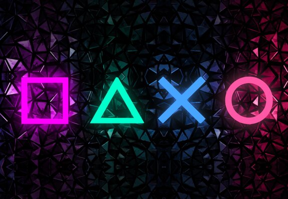 Neon-spielsymbole auf geometrischem hintergrund