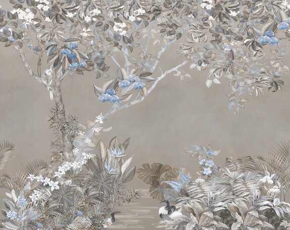 Blau blühende bäume und papageien