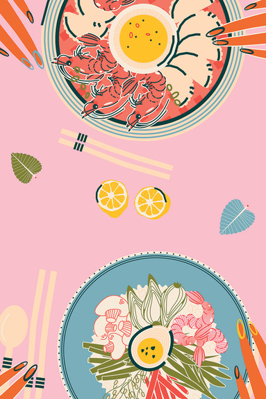 Asiatische gerichte auf rosa hintergrund grafik
