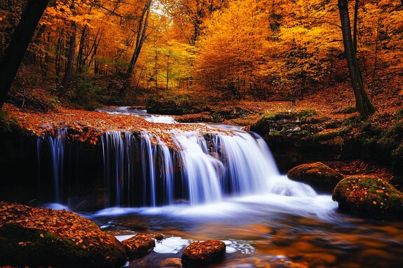 Herbstliche waldlandschaft mit wasserfall