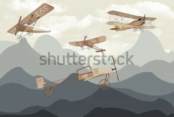 Illustration flugzeuge mit doppeldeckern über bergen