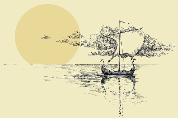 Skizze eines segelschiffs auf dem meer bei sonnenuntergang