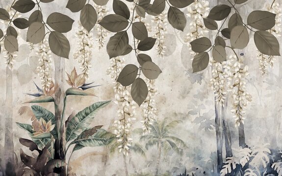 Tropische pflanzen und weiße blüten auf einem aquarellhintergrund