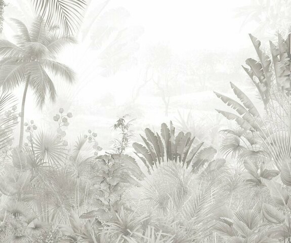 Tropical trees and leaves in foggy forest wallpaper design - 3d