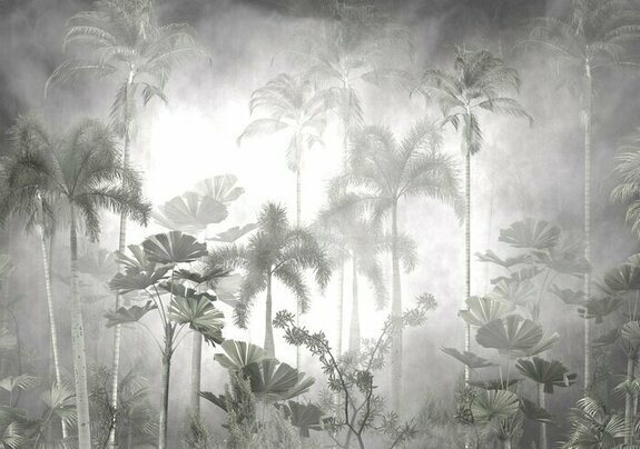 Tropical trees and leaves in foggy forest wallpaper design - 3d
