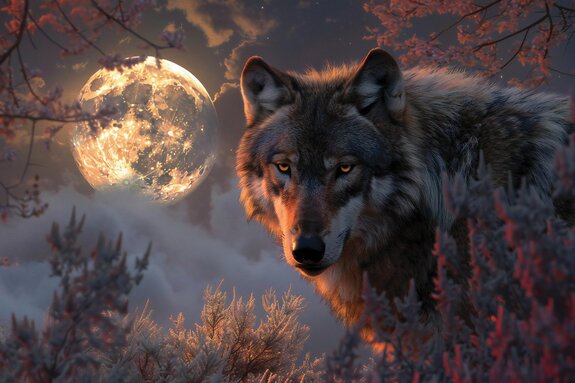 Wolf unter der vegetation vor dem hintergrund des vollmonds