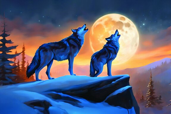 Wölfe am berghang bei vollmond