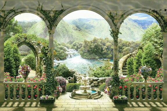 Historische bögen mit blick auf einen paradiesgarten