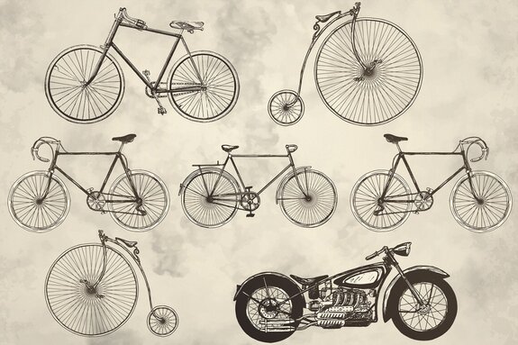 Retro-fahrräder und motorräder vor grauem hintergrund