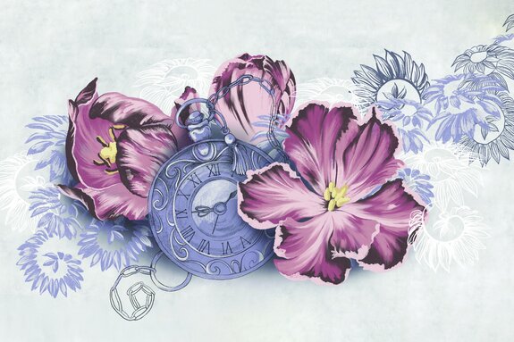 Alte uhr zwischen rosa blumen