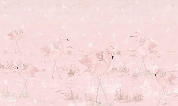 Rosa flamingos auf einer lichtung mit libellen