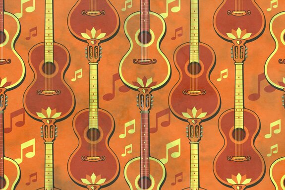 Klassische gitarren vor notenhintergrund