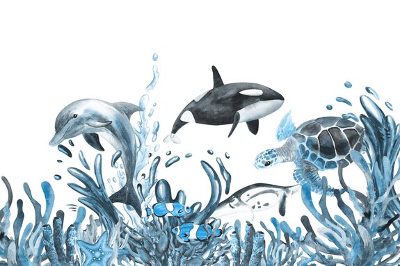 Sumpfschildkröte und delfin zwischen der vegetation