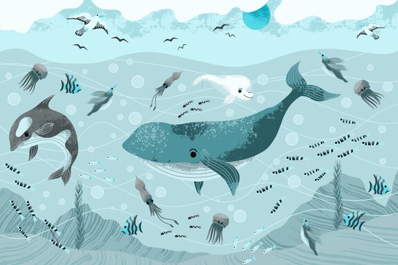 Wale unter fischen in der unterwasserwelt