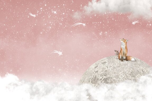 Fuchs und maus auf dem mond rosa himmel mit sternen märchenthema