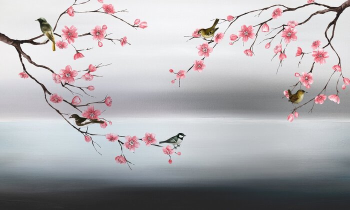 Rosa kirschblüten mit vögeln in aquarell