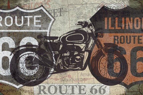 Motorrad an der wand mit kalifornien-schildern