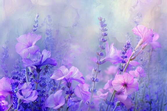 Rosa blumen zwischen lavendel auf der wiese